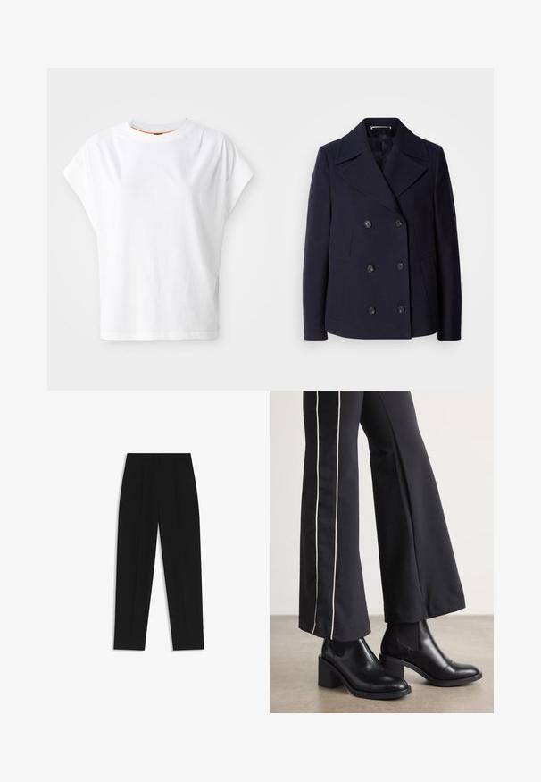 Navy wol pea coat met een dubbele rij knopen, grote gelapende revers, zwarte knopen en zijzakken. Gladde textuur en taillerende pasvorm.; Witte T-shirt met korte mouwen en een losse pasvorm. Heeft een ronde hals en subtiele logodetails op de voorkant. Gemaakt van katoen.; Zwarte broeken met een rechte pasvorm, voorzien van dubbele plooien, een zachte textuur en een klassiek taillebandontwerp. Geen zichtbare hardware of accenten.; Zwarte leren enkellaarzen met een blokhak, voorzien van elastische zijpanelen. Gecombineerd met zwarte broeken met een witte zijstreep.