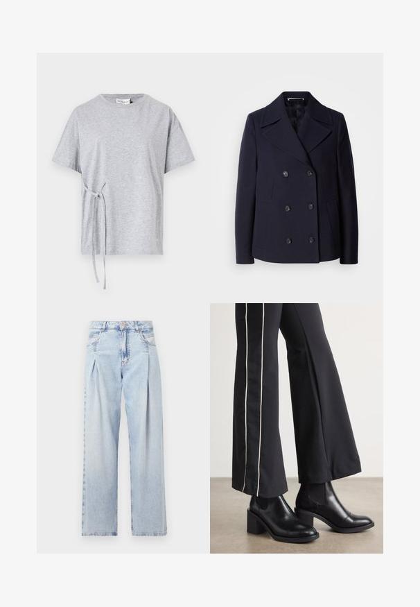 Marineblauer Woll-Peacoat mit einem doppelt geknöpften Design, großen Reverskragen, schwarzen Knöpfen und seitlichen Taschen. GlatteTextur und taillierte Passform.; Graues Baumwoll-T-Shirt mit rundem Halsausschnitt, kurzen Ärmeln und seitlichem Knotendetail. Strukturierte, lässige Passform mit schlichter Gestaltung.; Helle blaue Denim-Jeans mit hoher Taille, weitem Beinschnitt, zwei seitlichen Taschen und gefaltetem Design. Weiche Textur mit einem ausgebleichten Finish.; Schwarze Lederstiefeletten mit einem Blockabsatz, ausgestattet mit elastischen seitlichen Einsätzen. Kombiniert mit schwarzen Hosen, die einen weißen Seitenstreifen haben.