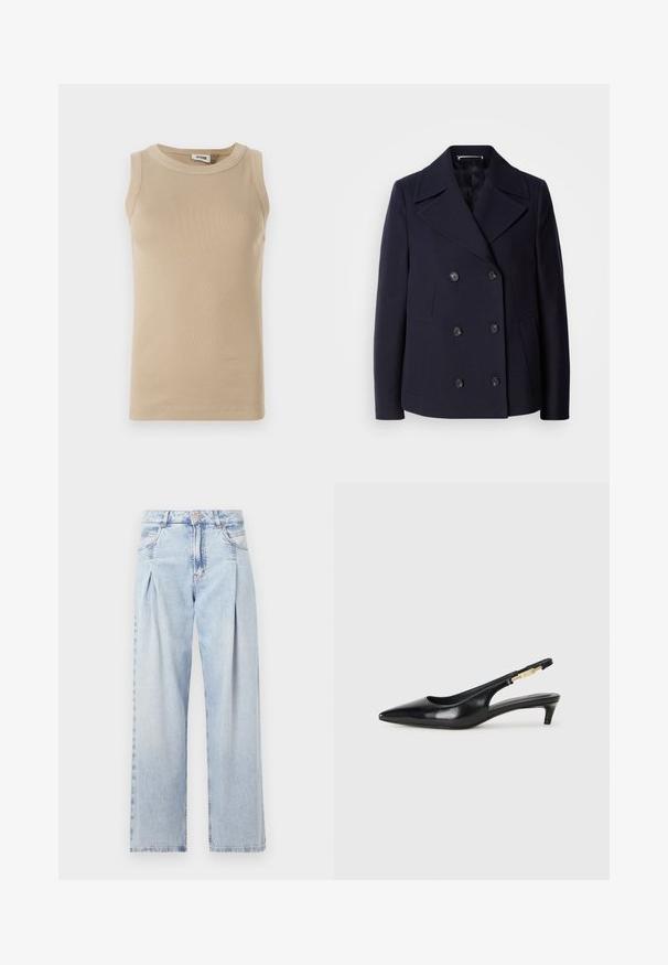 Tumevillane põhjakoot, millel on topeltkinnitatud disain, suured lõikega kraed, mustad nööbid ja küljetaskud. Sile tekstuur ja kohandatud sobivus.; Beige ilma varrukatega top, mis on valmistatud ribakattest ja millel on ümmargune kaelus, tooniline õmblemine ja liibuv disain.; Heledad sinise denimist valmistatud teksapüksid kõrge vöökohaga, laia jala lõikega, kahe külje taskuga ja pleedi disainiga. Pehme tekstuur ja pleekinud viimistlus.; Mustad nahast slingback kontsad terava ninaga, millel on õhuke konts ja kuldse tooni aktsent reguleeritaval rihmal. Sile tekstuur.