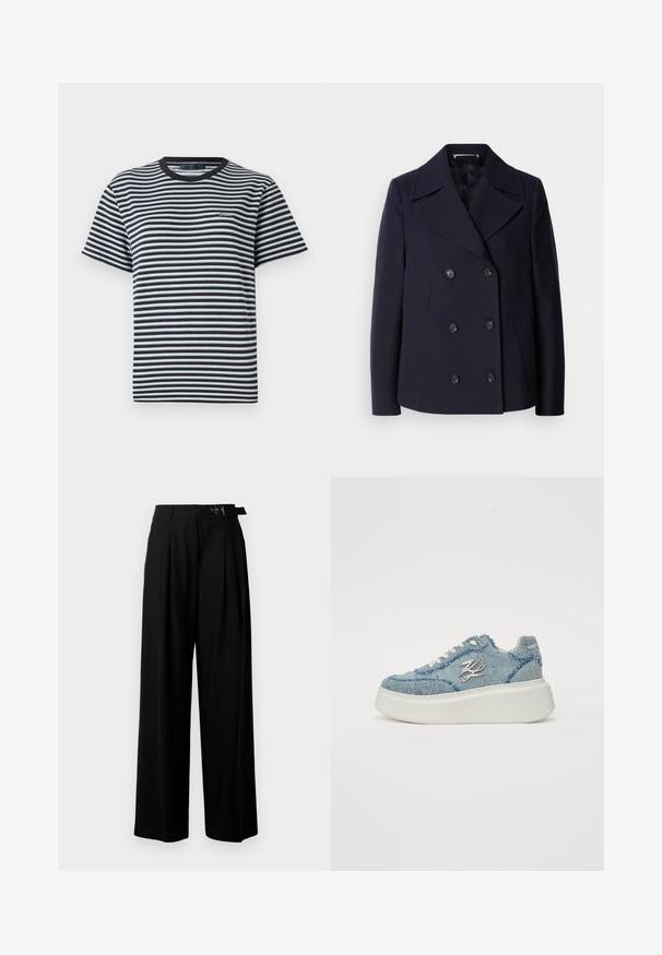 Mørkeblå uld pea coat med dobbeltbrystet design, store slagkraver, sorte knapper og sidelommer. Glat tekstur og skræddersyet pasform.; T-shirt med striber, der har sorte og hvide vandrette striber, rund halsudskæring og korte ærmer. Fremstillet af blødt, let materiale.; Sort vide-bein bukser med høj talje, læg foran og et bælte med spænde. Fremstillet af glat, let materiale.; Denim sneakers med en tyk hvid platformsål. Har slidte kanter og metalliske detaljer, herunder et dekorativt logo på siden.