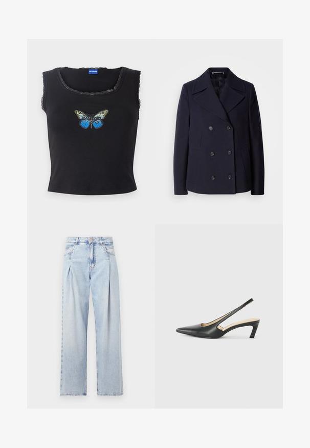 Tumevillane põhjakoot, millel on topeltkinnitatud disain, suured lõikega kraed, mustad nööbid ja küljetaskud. Sile tekstuur ja kohandatud sobivus.; Must mustrassi tank top musta värviga, millel on lainelised servad ja värvikas liblikadisain koos sõnaga "Hugo" käsitsi kirjutatud stiilis. Sile puuvillane materjal.; Heledad sinise denimist valmistatud teksapüksid kõrge vöökohaga, laia jala lõikega, kahe külje taskuga ja pleedi disainiga. Pehme tekstuur ja pleekinud viimistlus.; Must mustaga, terav varvas, madala kontsaga sildiga king, mis on valmistatud siledast nahast ja mille küljel on lõike disain hingavuse tagamiseks.