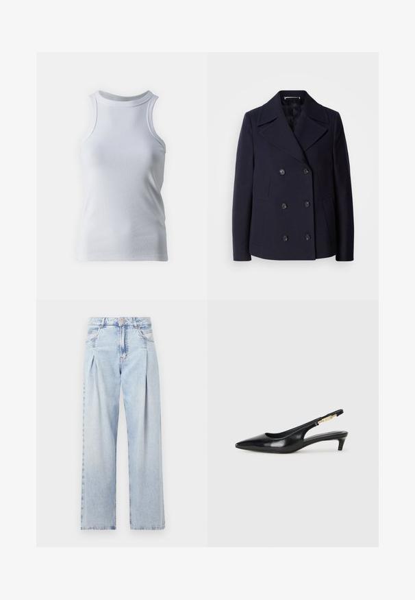 Mārīnas vilnas peacoat ar dubulto aizdari, lieliem izgrieztiem uzvalkiem, melnām pogām un sānu kabatām. Gluda tekstūra un pielāgota piegriezuma.; Balta bez piedurknēm topiņš, izgatavots no mīksta, elastīga kokvilnas auduma. Iespējamā augsta apkakle un gluda tekstūra bez rakstiem vai akcentiem.; Gaiši zilas džinsu bikses ar augstu jostasvietu, plats kāju griezumu, divām sānu kabatām un krokotā dizaina akcentiem. Mīksta tekstūra ar izdilušu apdari.; Melnas ādas slingback zābaki ar smailu purngalu, ar šauru papēdi un zelta krāsas akcentu uz regulējama siksniņas. Gluda tekstūra.
