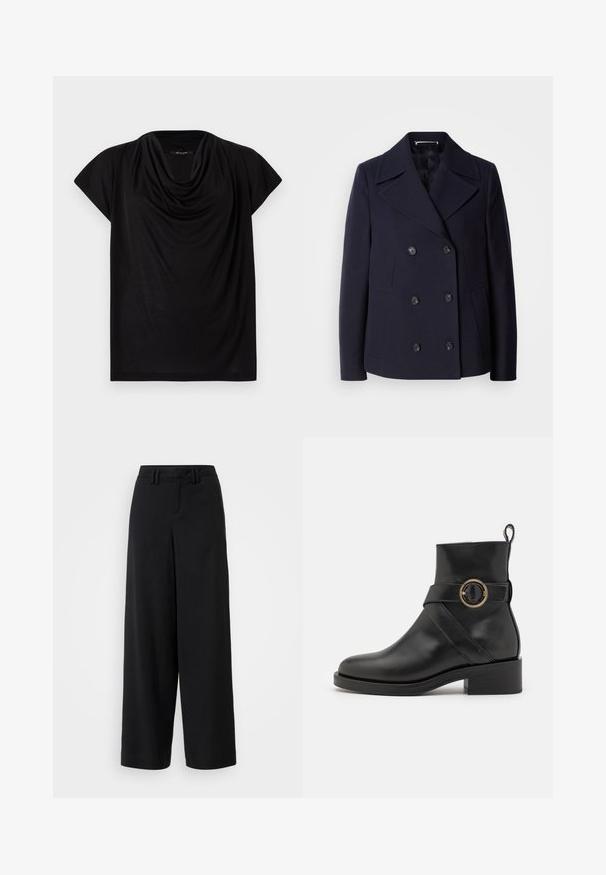 Granatowy wełniany płaszcz typu pea coat z podwójnym zapięciem, dużymi klapami, czarnymi guzikami oraz kieszeniami po bokach. Gładka tekstura i dopasowany krój.; Czarny top z krótkim rękawem z luźnym dekoltem w kształcie koca. Wykonany z miękkiego, lekkiego materiału, charakteryzujący się luźnym krojem i gładką teksturą.; Czarne spodnie szerokie o gładkim materiale, z prostym przodem, plisowanymi detalami i szlufkami na pasek w talii.; BOSS IRYNA czarny