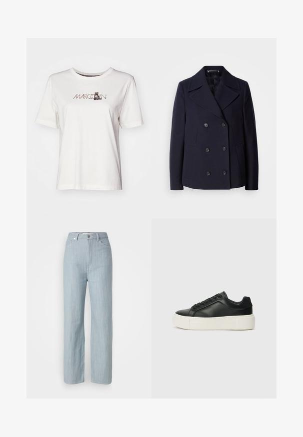 Navy wool pea coat with a double-breasted design, large notched lapels, black buttons, and side pockets. Smooth texture and tailored fit.; White cotton t-shirt featuring short sleeves, a crew neckline, and a printed design with the word "MARCCAIN" and a cat illustration.; Light blue straight-leg jeans made of denim. Features five pockets, a metal button closure, and subtle whiskering for texture.; Black leather sneaker with a rounded toe, white platform sole, and black laces. Features a subtle logo on the heel and smooth texture.