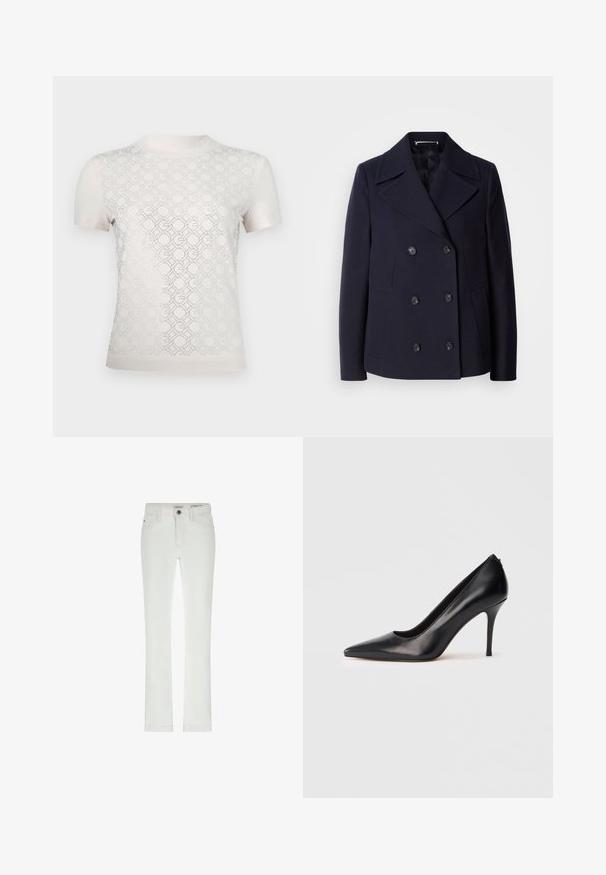 Mornarska vuna kaput s dvostrukim kopčanjem, velikim izrezanim reverima, crnim gumbima i bočnim džepovima. Glatka tekstura i kroj prilagođen tijelu.; Svijetlosmeđa majica kratkih rukava s geometrijskim uzorkom i izrezima, glatke teksture i округлим izrezom.; Bijele traperice uskog kroja, s 5 džepova i kontrastnim šavovima. Imaju kopčanje na dugme i suptilnu oznaku brenda na remenu.; Crna kožna salonka s visokom potpeticom i špicastim vrhom, glatke teksture i elegantnog dizajna. Ima tanku, povišenu potpeticu i nisko izrezani prednji dio.