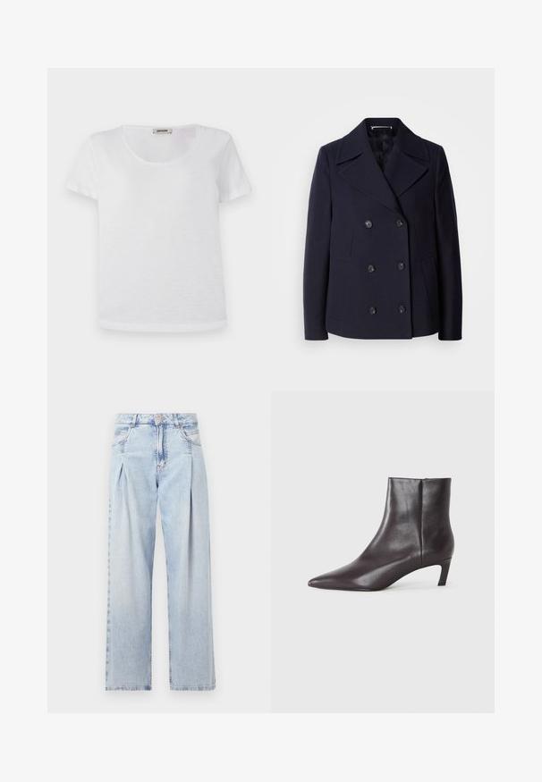 Tumevillane põhjakoot, millel on topeltkinnitatud disain, suured lõikega kraed, mustad nööbid ja küljetaskud. Sile tekstuur ja kohandatud sobivus.; Valge lühikese varrukaga T-särk, mis on valmistatud pehmest kangast, ümmarguse kaelusega ja sirge hemiga, ilma nähtavate mustrite või aktsendideta.; Heledad sinise denimist valmistatud teksapüksid kõrge vöökohaga, laia jala lõikega, kahe külje taskuga ja pleedi disainiga. Pehme tekstuur ja pleekinud viimistlus.; Must musta kaljam boots, terava varvas ja madal kitten kont, sile pind, külg-edasi tõmbetõmbe, esitatud neutraalses taustas.