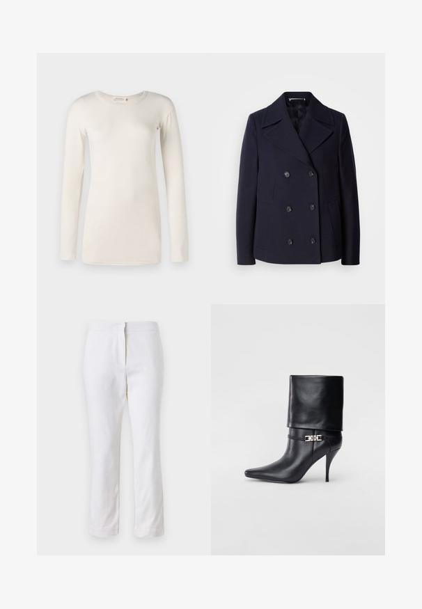 Casaco de lã azul-marinho estilo "pea coat" com design de duplo peito, grandes lapelas recortadas, botões pretos e bolsos laterais. Textura suave e corte ajustado.; Camisa de algodão de mangas compridas, de cor creme, com decote redondo, textura suave e corte reto. Sem padrões ou designs visíveis.; Calças de algodão brancas com um design de perna reta, apresentando uma cintura de altura média e sem hardware ou padrões visíveis. Textura suave por toda a peça.; Bota de tornozelo em couro preto com bico fino, alto salto stiletto, punho dobrado e detalhe decorativo em fivela dourada no tornozelo.