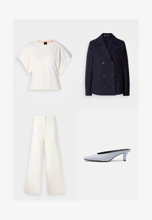 Casaco de lã azul-marinho estilo "pea coat" com design de duplo peito, grandes lapelas recortadas, botões pretos e bolsos laterais. Textura suave e corte ajustado.; T-shirt branco cropped, mangas curtas e largas, material de algodão suave, decote redondo com um discreto acabamento laranja, design minimalista, sem padrões ou gráficos.; Calças largas em algodão bege claro. Apresentam uma cintura alta, bolsos frontais e um corte reto. Acabamento de bainha limpo, sem padrões.; Mule de pele patente azul claro com bico alongado, salto baixo transparente e um design elegante com um recorte no vamp.