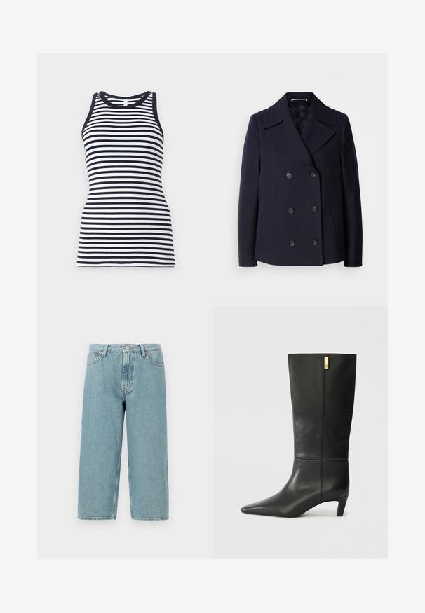 Mārīnas vilnas peacoat ar dubulto aizdari, lieliem izgrieztiem uzvalkiem, melnām pogām un sānu kabatām. Gluda tekstūra un pielāgota piegriezuma.; Jūras zila un balta svītru bez piedurknēm halātiņš ar apaļu izgriezumu un ribotu struktūru, ar piestiprinātu dizainu.; Gai zila džinsu šorti ar augstu jostasvietu, taisnu griezumu un neapstrādātu apakšējo malu. Ietver klasisku pogu un rāvējslēdzēja aizdari, četras kabatas.; Melnas ādas ceļgala auguma zābaki ar smailu purngalu un mazu papēdi. Īpašības ietver elegantu dizainu ar zeltu akcenta detaļu. Gluda tekstūra.