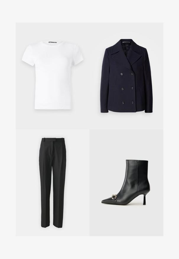 Casaco de lã azul-marinho estilo "pea coat" com design de duplo peito, grandes lapelas recortadas, botões pretos e bolsos laterais. Textura suave e corte ajustado.; Camiseta de manga curta branca, feita de tecido de algodão canelado. Apresenta um decote redondo e um design ajustado com uma textura suave.; Calças pretas de corte ajustado, feitas de um tecido leve, com corte reto, frente lisa e passantes para cinto. Textura suave sem padrões visíveis.; Bota preta de couro até ao tornozelo com bico apontado, salto slim de altura média e detalhe em fivela prateada de lado, contra um fundo simples.