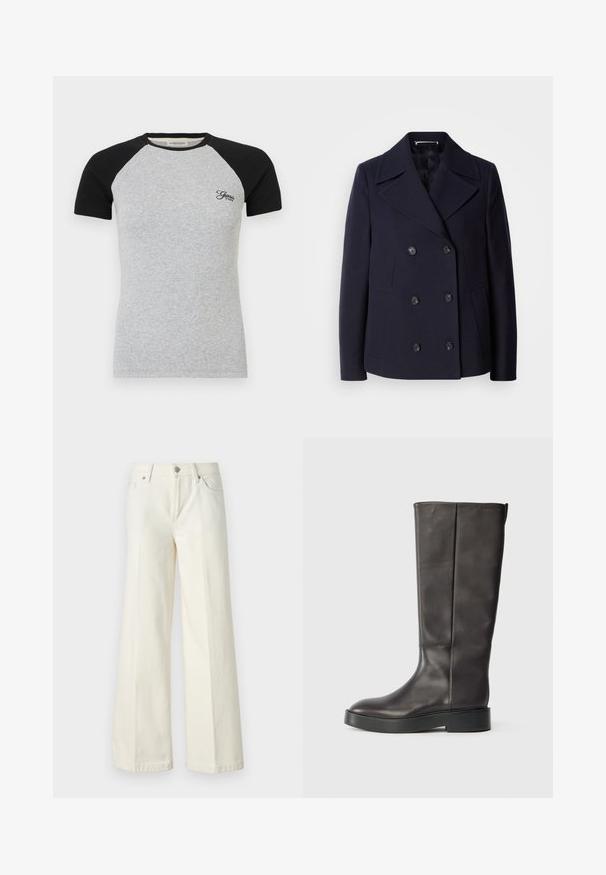 Tumevillane põhjakoot, millel on topeltkinnitatud disain, suured lõikega kraed, mustad nööbid ja küljetaskud. Sile tekstuur ja kohandatud sobivus.; Raglan lühikeste varrukatega T-särk halli kehaga ja mustade varrukatega; sisaldab ribateksti ja väikest tikandiga logo rinnal.; Laiad valged teksad, mis on valmistatud puuvilla segust. Omavad lukuga eesmist sulgemist, viie taskuga disaini ning õmblusi pükste saemetes.; Must muste kõrgusse ulatuv must nahast saapad paksu tallaga ja diskreetse Calvin Kleini logoga ülaääres, nähtud külgedelt.