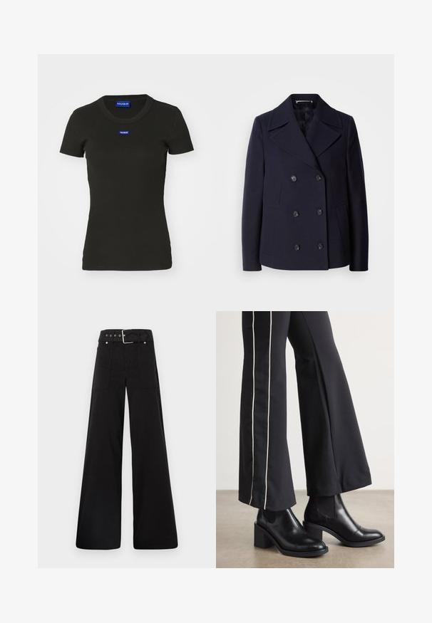 Námornícky vlněný kabát s dvojitým zapínaním, veľkými klopami, čiernymi gombíkmi a bočnými vreckami. Hladká textúra a priliehavý strih.; Čierne tričko s krátkym rukávom vyrobené z rebrovanej bavlny, s modrou odznakou loga "HUGO" na prednej strane. Klasický dizajn s okrúhlym výstrihom.; Čierne nohavice so širokými nohavicami vyrobené z bavlny, s vysokým pásom, veľkými bočnými vreckami a opaskom s prackou so striebornými detailmi.; Čierne kožené členkové topánky s blokovým podpätkom, vybavené elastickými bočnými panelmi. Skombinované s čiernymi nohavicami, ktoré majú biely bočný pruh.