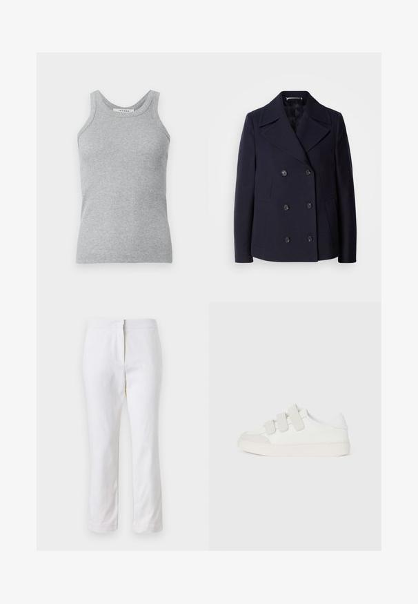 Mornarska volnena jakna z dvojnim zapenjanjem, velikimi izrezanimi reverji, črnimi gumbi in stranskimi žepi. Gladka tekstura in prilegajoč kroj.; Siv špagetasti top s okroglim izrezom in širokimi naramnicami. Tkanina je mehke teksture in prilega se telesu.; Beli bombažne hlače s ravnim krojem, srednje visoko pasom, brez vidnih kovinskih elementov ali vzorcev. Gladka textura po vsej površini.; Bela športna obutev z gladkim usnjenim zgornjim delom, tremi ježki na zgornjem delu čevlja, zaobljenim nosom in debelim svetlim gumijastim podplatom.