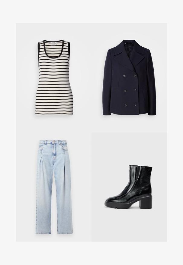 Mørkeblå uld pea coat med dobbeltbrystet design, store slagkraver, sorte knapper og sidelommer. Glat tekstur og skræddersyet pasform.; Ærmeløs tanktop med sorte og hvide vandrette striber, ribbet tekstur og en rund halsudskæring. Sort kant ved skuldrene og halsudskæringen.; Lyseblå denim jeans med høj talje, bred benåbning, to sidelommer og plisseret design. Blød tekstur med et falmet finish.; Sorte patenterede læderankelstøvler med en buet tå, elastiske sidepaneler og en kraftig blokhæl. Har et præget logo på bagsiden.