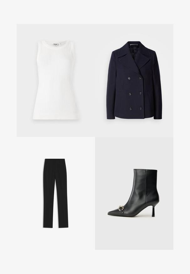 Marineblauer Woll-Peacoat mit einem doppelt geknöpften Design, großen Reverskragen, schwarzen Knöpfen und seitlichen Taschen. GlatteTextur und taillierte Passform.; Weißes, geripptes ärmelloses Oberteil mit rundem Ausschnitt und figurbetontem Schnitt, hergestellt aus einem leichten Stoff. Saubere, glatte Textur im gesamten Oberteil.; Schwarze maßgeschneiderte Hose mit geradem Bein, ausgestattet mit Fronttaschen und einem glatten, strukturierten Stoff. Saubere, minimale Details.; Schwarze Leder-Stiefelette mit spitzer Zehe, schlankem, mittelhohem Absatz und silberner Schnalle seitlich vor einem schlichten Hintergrund.