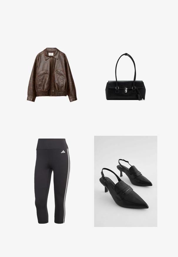 Hnědá bomber bunda z umělé kůže se předním zipem, dvěma šikmými zipovými kapsami, širokým límcem a staženým elastickým pasem.; Bílá dlouhá halenka s rukávy, ozdobená volánkovým lemem kolem hlubokého výstřihu do V, s přední zavazovací sponou a rozšířenými manžetami, vyrobená z lehké průsvitné tkaniny.; Černé legíny tří čtvrtinové délky z elastického materiálu se širokým pasem a třemi bílými pruhy po stranách.; Černé kožené sandály na podpatku se špičatou špičkou, s širokým předním páskem a akcentem ze stříbrného kovu. Texturovaný povrch, střední podpatek.; Černá kožená kabelka s hladkým povrchem, strukturovaným designem, dvojitými uchy a stříbrným kováním ve středu.
