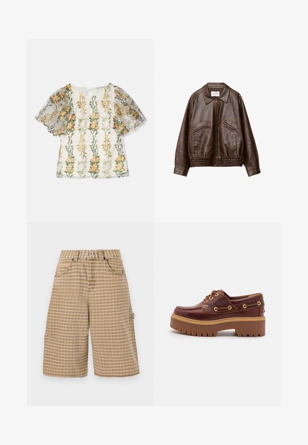 Brahno umetni usnjeni bomberski jopič s sprednjim zadrgo, dvema poševnima žepoma na zadrgo, širokim ovratnikom in zbranimi elastičnimi pasovi.; Ida Sjöstedt MAGDA EMBROIDERY - Potiskana majica - multi-coloured; BDG Urban Outfitters CHECK NICOLA JORT - Kratke hlače - beige; Rjavi usnjeni čolnar s debelim rjavim gumijastim podplatom, zlatimi luknjicami in kontrastnim šivom. Ima logotip na strani.
