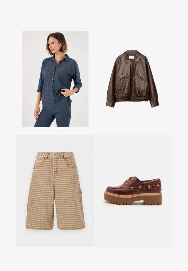 Brahno umetni usnjeni bomberski jopič s sprednjim zadrgo, dvema poševnima žepoma na zadrgo, širokim ovratnikom in zbranimi elastičnimi pasovi.; Mornarica srajca s sproščenim krojem, teksturirano tkanino in zavihki na rokavih. Ponaša se s kontrastnimi gumbi in ovratnikom.; BDG Urban Outfitters CHECK NICOLA JORT - Kratke hlače - beige; Rjavi usnjeni čolnar s debelim rjavim gumijastim podplatom, zlatimi luknjicami in kontrastnim šivom. Ima logotip na strani.