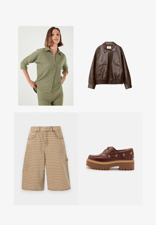 Giacca bomber in finta pelle marrone con zip frontale, due tasche angolate con zip, ampio colletto e orlo elastico arricciato.; Camicetta verde oliva con tessuto testurizzato, chiusura a bottoni e maniche arrotolate. Le cuciture orizzontali creano dettagli sottili e sagomano il capo.; BDG Urban Outfitters CHECK NICOLA JORT - Shorts - beige; Scarpa da barca in pelle marrone con suola in gomma marrone robusta, occhielli dorati e cuciture a contrasto. Presenta un logo sul lato.