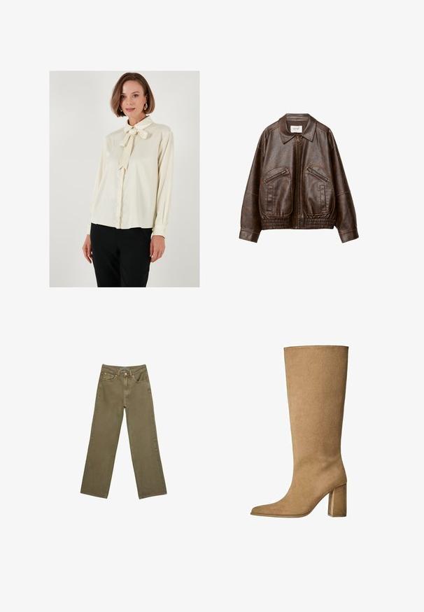 Kahvinvärinen keinonahempuukotelo, jossa on etuvetoketju, kaksi kulmaista vetoketjullista taskua, leveä kaulus ja ryppykudottu elastinen vyötärö.; Kerman paita, jossa on solmukolla varustettu kaulus, pitkät hihat ja napilliset hihansuut; sileä pinta ja rento istuvuus; yhdistetty mustiin housuihin.; Vihreät leveälahkeiset farkut, valmistettu puuvillasta, jossa on kestävä pinta. Ominaisuuksiin kuuluu vetskari, viisi taskua ja erottuva ommel vyötärön kohdalla.; Vaaleanruskeat mokka pitkävartiset saappaat, joissa on loiva korko, terävä kärki ja sileä pinta. Minimalistinen muotoilu ilman koristeita.