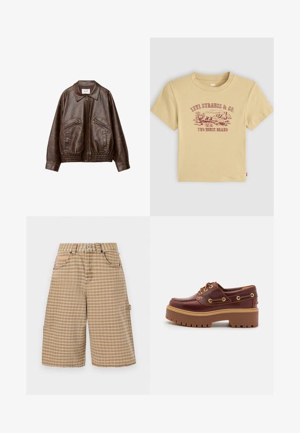 Kahvinvärinen keinonahempuukotelo, jossa on etuvetoketju, kaksi kulmaista vetoketjullista taskua, leveä kaulus ja ryppykudottu elastinen vyötärö.; Vaaleanbeige puuvillainen t-paita lyhyillä hihoilla, jossa on marooninvärinen graafinen printti vuoristomaisemasta sekä teksti "Levi Strauss & Co. Two Horse Brand."; BDG Urban Outfitters CHECK NICOLA JORT - Shortsit - beige; Ruskea nahkainen venejalkine, jossa on paksu ruskea kumipohja, kultaiset nauhapaikat ja kontrastiväriompelu. Sivussa on logo.