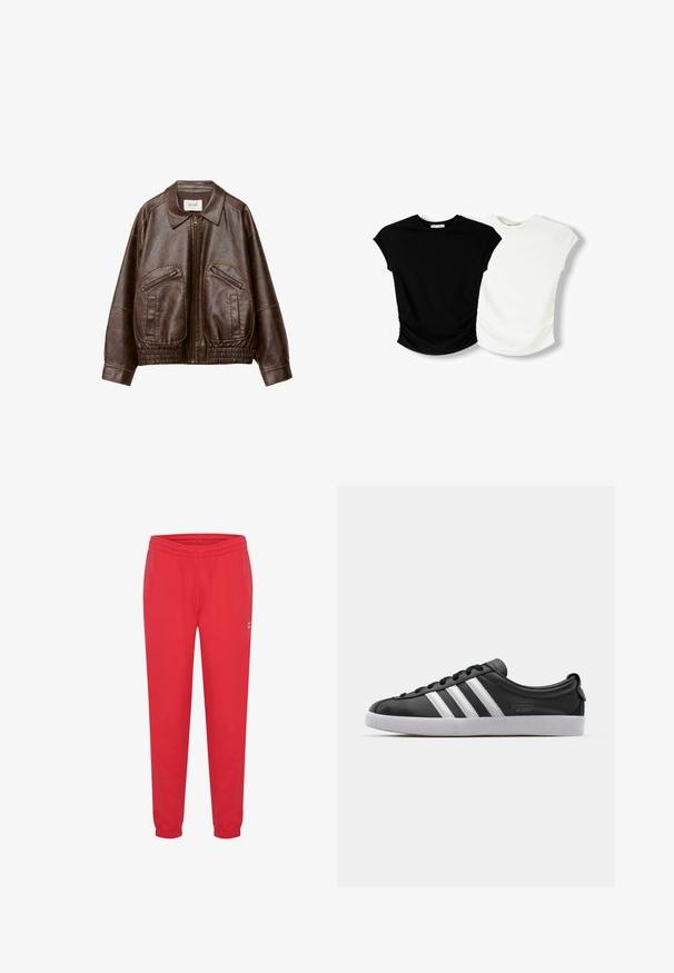 Brun fusk läder bomberjacka med framdragkedja, två snedställda dragkedjefickor, bred krage och samlad elastisk midja.; Två kortärmad tröjor: en svart och en vit. Båda har en figursydd design med rynkade sidor och rundade nederkanter.; Röda sweatpants i mjukt tyg, med en elastisk midja och ankle cuffs, samt en liten vit logotypdetalj på sidan.; Svarta lädersneakers med vit tre-stripesdesign, rund tå, platt vit gummisula och varumärkesdetalj på sidan.