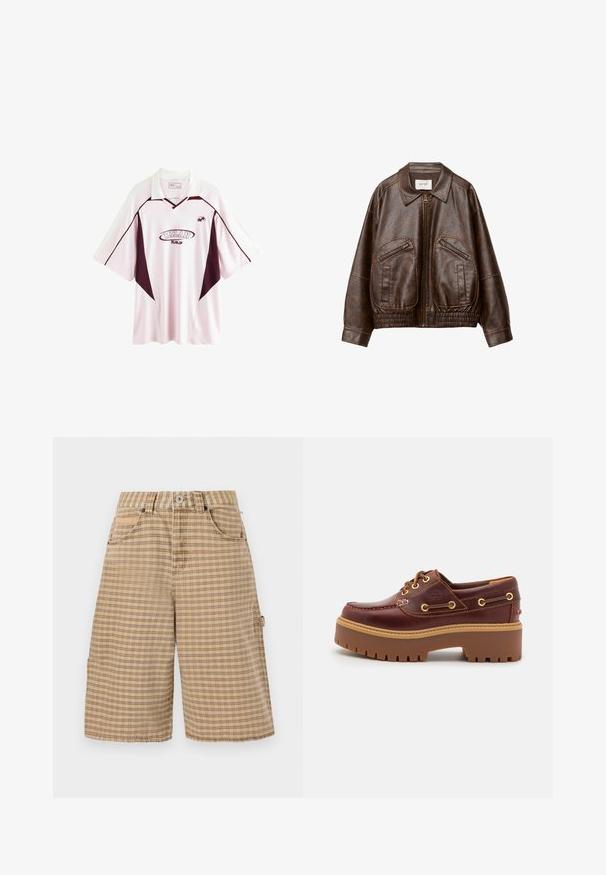 Hnedá umeloleaterová bombrová bunda s predným zipsom, dvoma šikmými zipsovými vreckami, širokým golierom a zberným elastickým pásom.; Svetloružový futbalový dres s krátkym rukávom a tmavočervenými akcentmi, má golier, logo „MILAN“ a bočné panely v kontrastnej farbe.; BDG Urban Outfitters CHECK NICOLA JORT - Šortky - beige; Hnedé kožené člunkové topánky s masívnou hnedou gumovou podrážkou, zlatými okami a kontrastným prešívaním. Obsahuje logo na boku.