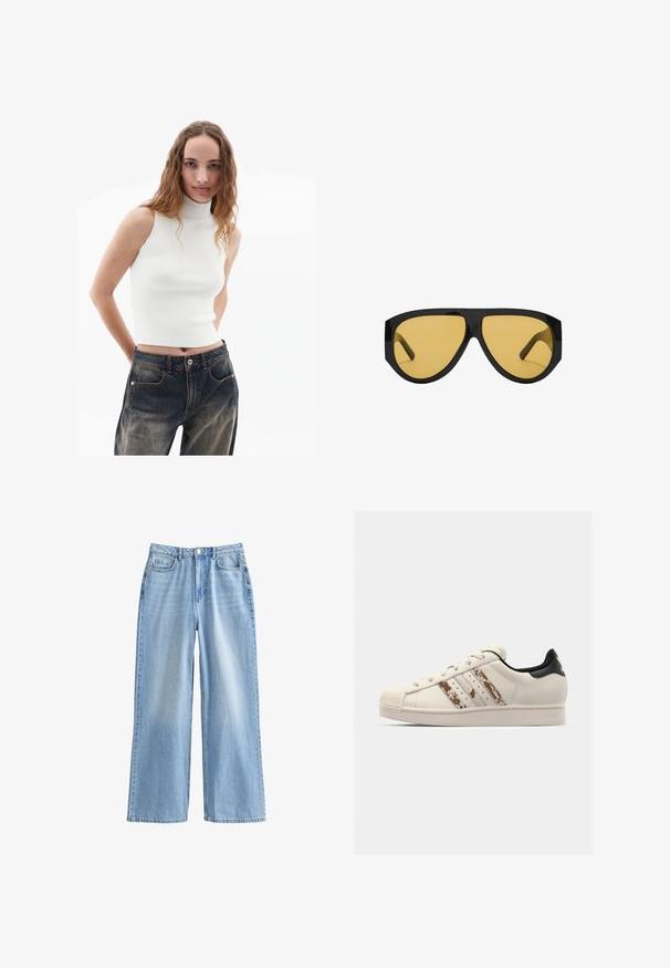 Bruine neplederen bomberjack met een ritssluiting aan de voorkant, twee schuine eenzijdige zakken met rits, brede kraag en gegatherde elastische taille.; Witte mouwloze ribgebreide coltrui gecombineerd met blauwe denim high-waisted jeans, met voorzakken en een lichte vervaging.; Lichtblauwe wijde spijkerbroek, gemaakt van denim. Heeft een hoge taille, twee voorkoksen en subtiele vervaging. Schoon zoom en gestructureerd ontwerp.; Witte leren sneaker met een gestructureerde, gebroken witte rubberen teentip. Beschikt over drie bruine strepen en een zwarte hielstrook. Platte veters en logo-detail.; Zonnebril met een strakke zwarte kunststof frame en gele getinte glazen, met een opvallende hoekige vorm en brede pootjes voor extra bescherming.