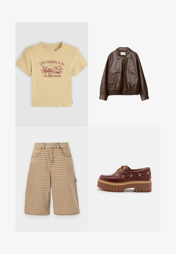 Hnědá bomber bunda z umělé kůže se předním zipem, dvěma šikmými zipovými kapsami, širokým límcem a staženým elastickým pasem.; Béžové bavlněné tričko s krátkými rukávy, na kterém je maroon grafický tisk horské krajiny a nápis "Levi Strauss & Co. Dvouvěsový brand."; BDG Urban Outfitters CHECK NICOLA JORT - Šortky - beige; Hnědé kožené boty na lodi s robustní hnědou gumovou podrážkou, zlatými očky a kontrastním prošíváním. Na boku se nachází logo.