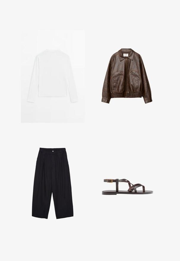 Brun fusk läder bomberjacka med framdragkedja, två snedställda dragkedjefickor, bred krage och samlad elastisk midja.; En enkel vit långärmad skjorta med rund hals, visad bakifrån, liggande platt på en vit bakgrund.; Svarta polyester culottbyxor med elastisk midja, två framfickor och en lös silhuett. Inga synliga mönster eller hårdvarudetaljer.; Bruna lädersandaler med korsade remmar, spänne runt vristen och en platt sula med minimala sömnadsdetaljer.