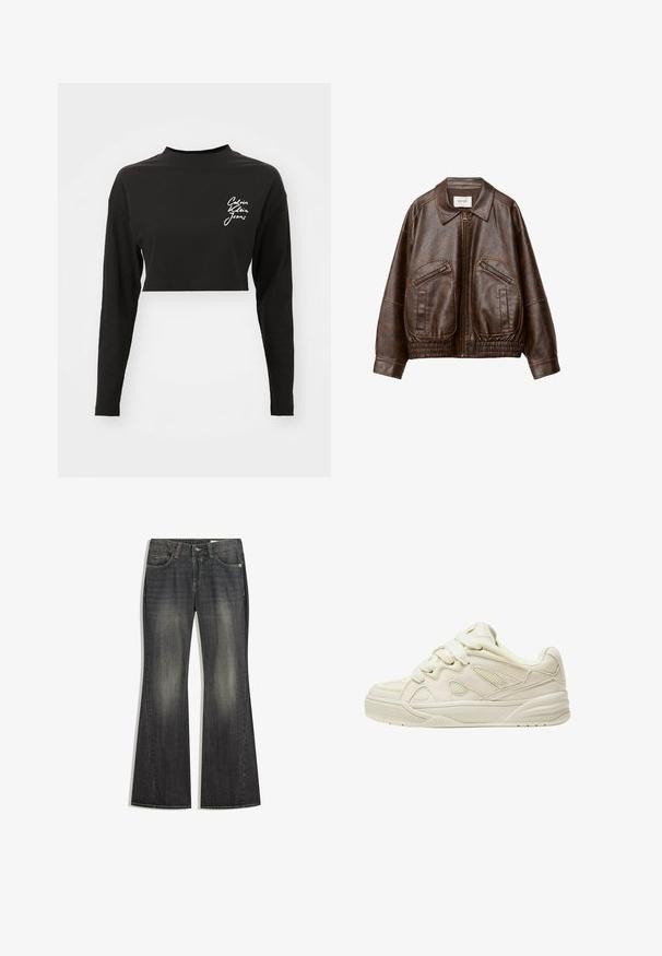 Brown faux leather bomber jacket with a front zipper, two angled zippered pockets, wide collar, and gathered elastic waistband.; Black long-sleeve crop top made of soft cotton, featuring a high neckline and a white logo on the left chest area.; Flared dark wash denim jeans with a slight fade, five pockets, and contrast stitching, featuring a standard button and zipper closure.; Beige sneakers with a textured upper, prominent laces, mesh panels, and a thick sole. Curved design with a padded collar for comfort.