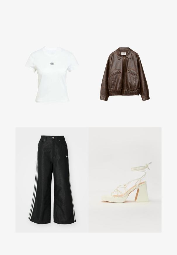 Hnědá bomber bunda z umělé kůže se předním zipem, dvěma šikmými zipovými kapsami, širokým límcem a staženým elastickým pasem.; Bílá bavlněná tričko s krátkými rukávy a kulatým výstřihem. Na hrudi se nachází černé logo Adidas. Jednoduchý, minimalistický design.; Černé široké džíny s třemi bílými pruhy po stranách a malým bílým logem. Obsahují přední kapsy a zapínání na knoflík.; Bílé sandály na vysokém podpatku s robustním podpatkem, s designem s pásky a zavazováním kolem kotníku. Hladký povrch s platformou vpředu pro zvýšení výšky.