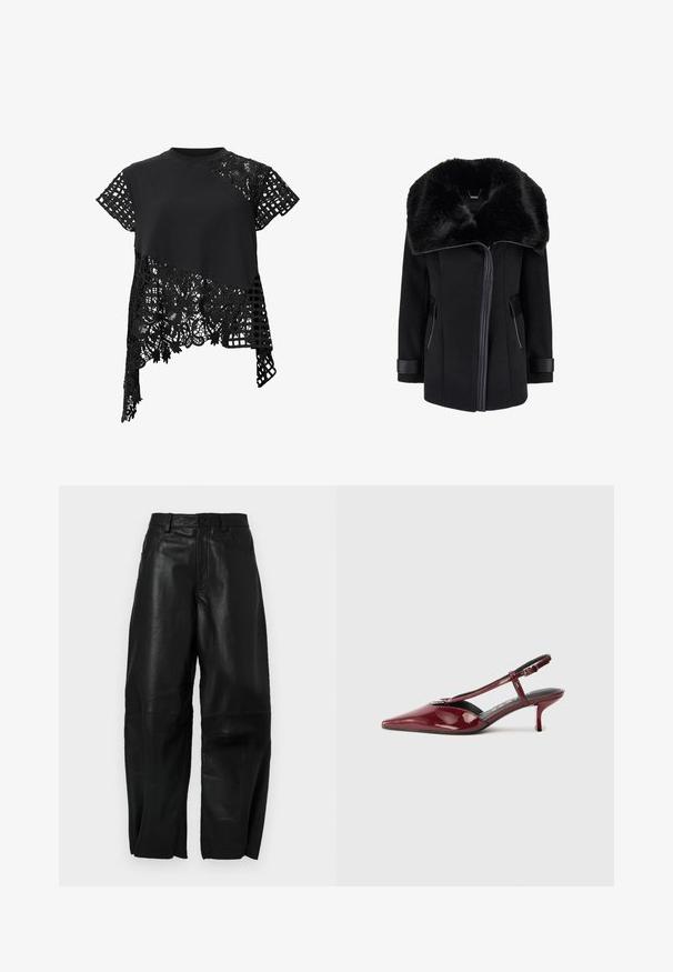 Palton negru din lână cu un guler mare din blană sintetică, fermoar frontal, buzunare laterale și accente din piele pe manșete. Textură netedă cu un design structurat.; Un top negru cu maneci scurte, care prezintă un amestec de material solid și dantelă intricate cu modele florale, având un design în formă de grilă pe o parte.; Pantaloni din piele neagră, cu o croială lejeră, având un design drept, buzunare frontale și detalii de cusătură vizibile.; Pantofii slingback cu toc kitten, din piele lucioasă burgundă, cu vârf ascuțit, curea T și cataramă argintie, pe fundal alb.