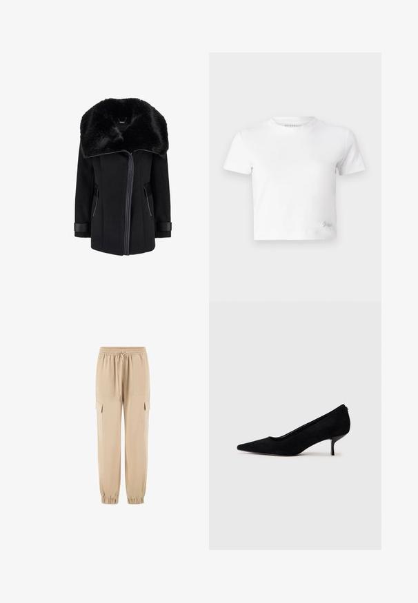Palton negru din lână cu un guler mare din blană sintetică, fermoar frontal, buzunare laterale și accente din piele pe manșete. Textură netedă cu un design structurat.; Tricou alb scurt, realizat din bumbac neted, cu gât înalt și mâneci scurte. Logo mic brodat în colțul de jos.; Pantaloni cargo bej realizați dintr-un material moale, având talie elastică, șnur de strângere și buzunare laterale. Picior conic cu manșete elastice.; Pantofii cu toc înalt din suede negru, cu vârf ascuțit și un toc subțire, jos. Textură netedă, cu un design elegant, fără hardware vizibil.