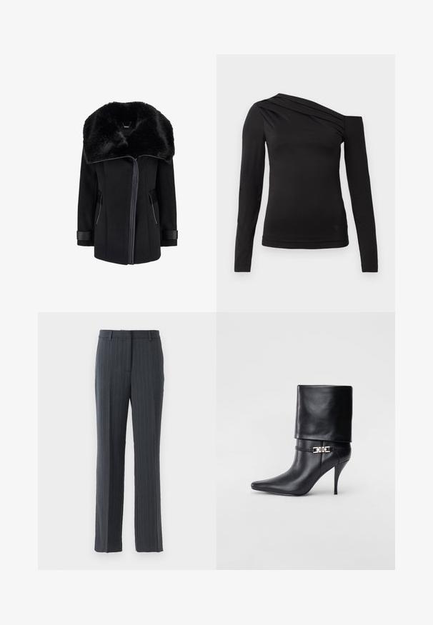 Schwarzer Wollmantel mit großem Kunstfellkragen, Reißverschluss vorne, seitlichen Taschen und Lederakzenten an den Manschetten. Glatte Textur mit strukturiertem Design.; Schwarzes langärmliges Oberteil mit asymmetrischem Ausschnitt, eines der Schultern ist frei und sanft drapiert über der Brust.; Dunkelgraue, gestreifte, gerade geschnittene Anzughosen mit Gürtelschlaufen und vorderem Reißverschluss auf einem weißen Hintergrund.; Schwarze Leder-Ankle-Boots mit spitzer Zehenpartie, hohen Stiletto-Absätzen, umgeschlagenem Schaft und einem goldenen dekorativen Schnallen-Detail an der Knöchel.