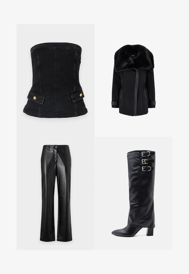 Melna vilnas mētelis ar lielu mākslīgās kažokādas apkakli, ar rāvējslēdzēja priekšpusi, sānu kabatām un ādas akcentiem uz piedurknēm. Gluda tekstūra ar strukturētu dizainu.; Melnas džinsas strapless korsetē ar pieguļošu dizainu, kas piedāvā zelta aparatūras akcentus un divas priekšējās kabatas. Gluda tekstūra, strukturēta forma.; Melnas ādas bikses ar taisnu kāju dizainu, ar priekšējo pogu aizdari, jostas cilpiņām un gludu, spīdīgu tekstūru.; Melnas ceļa augstuma zābaki, kas izgatavoti no gludas mākslīgās ādas, ar norādītu purngalu, sānos ar trim sudraba sprādžu akcentiem un masīvu papēdi.