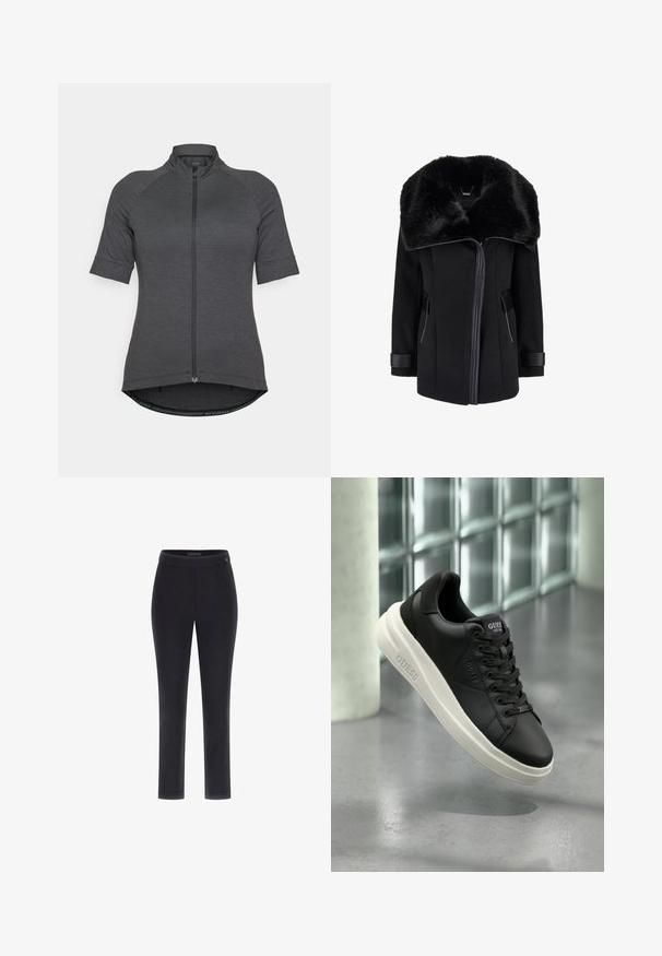 Mustassa villakangastakissa on suuri tekoturkiskaulus, vetoketjullinen etuosa, sivutaskut ja nahkaosat hihansuissa. Sujuva pinta yhdistettynä jämäkkään muotoiluun.; Lyhythelmainen pyöräilypaita tummanharmaana, jossa on koko etuvetoketju, raglan-hihat ja kaareva helma teksturoitua kangasta.; Musta tiukka housut, joissa on sileä tekstuuri, suora lahjekuvio ja leveä vyötärö. Housuissa on pieni logo vyötäröllä.; Mustat matalat Guess-tenniskenkä valkoisella pohjalla, nauhoilla ja brändäyksellä sivuilla ja kielissä, esitelty lasitiili-sivuseinän taustalla.