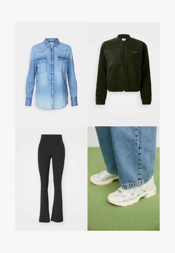 Zielona polarowa kurtka z zamkiem z przodu, żebrowanym kołnierzem oraz teksturowanym wykończeniem, z płaską naszywką i logo na klatce piersiowej.; Jasnoniebieska koszula dżinsowa z długim rękawem, z ostrym kołnierzykiem, dwoma kieszeniami na piersi, zapinana na guziki i z delikatnym blaknięciem na tkaninie. Widoczna metka marki.; Trzy topy na ramiączkach w kolorze miętowym, czarnym i beżowym; wykonane z prążkowanej tkaniny, z okrągłym dekoltem i bez rękawów. Widać metkę marki.; Czarne legginsy do jogi z wysokim stanem, wykonane z elastycznej tkaniny. Posiadają rozszerzający się krój oraz małe logo Nike na talii.; Białe i srebrne siatkowe sneakersy z zielonymi akcentami noszone z luźnymi niebieskimi dżinsami, stojące na zielonym dywanowym podłożu.