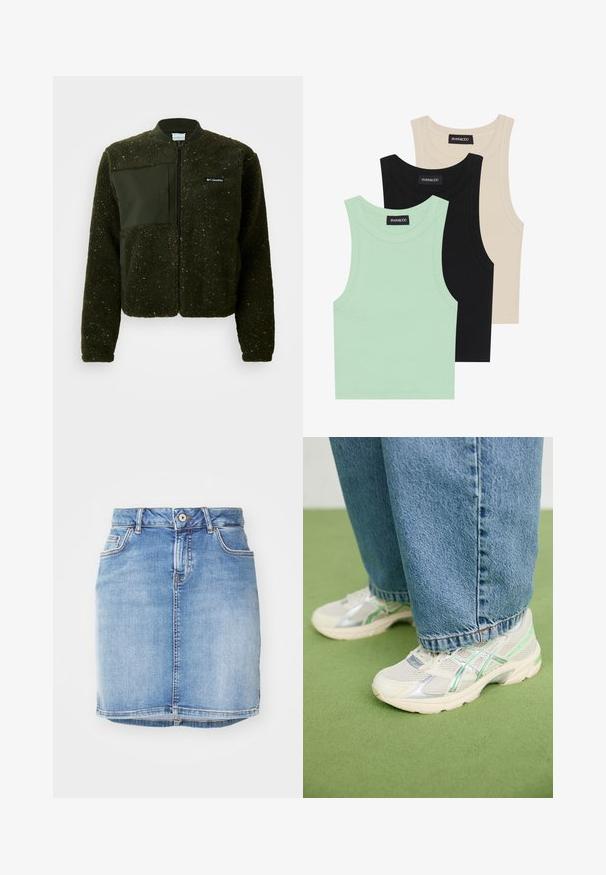 Zelená fleecová bunda s předním zipem, žebrovaným límcem a texturovaným povrchem, na hrudi s plochou látkovou nášivkou a logem.; Tři tílka v mátové zelené, černé a béžové barvě; vyrobená z žebrované látky s kulatým výstřihem a bez rukávů. Viditelná značková etiketa.; Světle modrá riflová sukně s přiléhavým střihem, pěti kapsami a viditelným švem. Obsahuje přední zapínání na knoflík a detaily se třepením na lemu.; Bílo-stříbrné síťované tenisky s zelenými akcenty, obuté k volným modrým džínům, stojící na zeleném koberci.