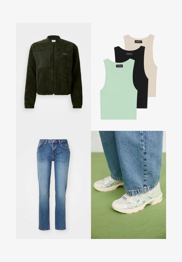 Roheline fleece-jakk, millel on lukuga esikülg, soonitud kaelus ning tekstuuriga viimistlus koos lapikui kangast plaastri ja logoga rindkerel.; Kolm t-särki mentool verdes, mustas ja beežis; ribakangast, ümmarguse kaelusega ja ilma varrukateta. Brändi silt on nähtav.; Sinine denimist teksapüksid otse lõikega, millel on klassikaline viie-tasku disain ja kergelt kulunud viimistlus. Tootega kaasnevad nupuga ja tõmblukuga sulguv detail.; Valged ja hõbedased võrksneakerid roheliste detailidega, seljas laiad sinised teksad, seistes rohelise vaibaga põrandal.