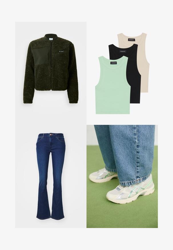 Zöld bolyhos dzseki, cipzáros elülső résszel, bordázott gallérral, és textúrált felülettel, sík szövet tapasszal és logóval a mellkason.; Három ujjatlan top menta zöld, fekete és bézs színben; bordázott anyagból készült, kerek nyakkivágással. A márkajelzés látható.; Sötétkék farmer, harangszárú nadrág, szabott derékkal, gombos záródással és enyhe kopással. Kontrasztos varrás látható az illesztéseknél.; Fehér és ezüst hálós sportcipők zöld kiegészítőkkel, laza kék farmernadrággal viselve, zöld szőnyeggel borított padlón állva.