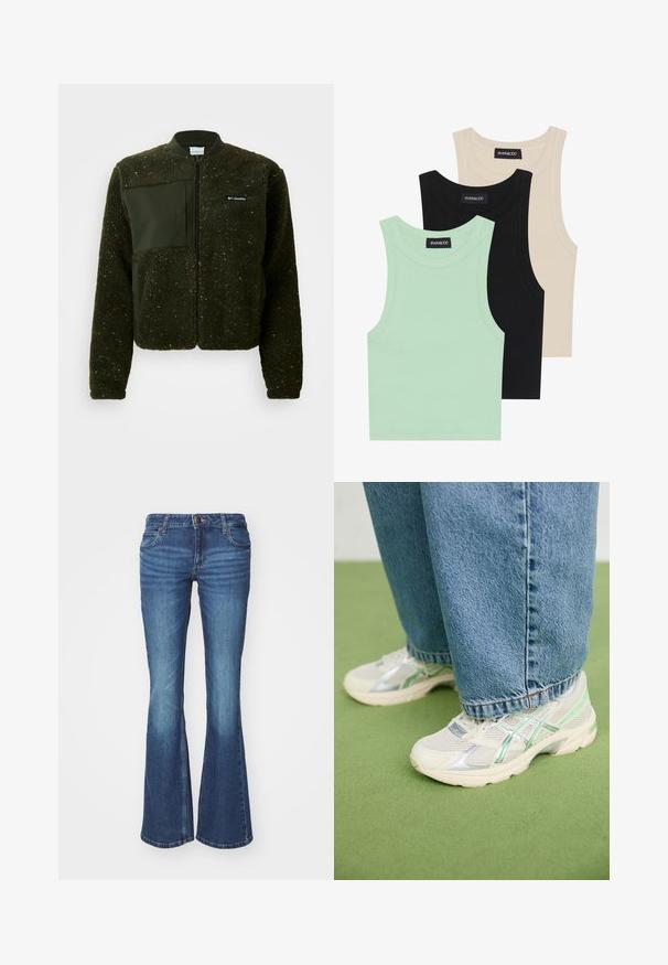 Vihreä fleece-takki, jossa on vetoketju edessä, ribbireuna kauluksessa ja tekstuuri pinta, sekä tasainen kangasläpyskä ja logo rinnassa.; Kolme tanktoppi mintunvihreänä, mustana ja beigeenä; ribbikankaasta valmistettu, pyöreällä kaula-aukolla ja ilman hihoja. Brändilabel näkyvissä.; Farkut, joissa on levenevät lahkeet, valmistettu keskipaksusta sinisestä denimistä. Varustettu vetoketjulla ja metallinappilla, kahdella etutaskulla sekä haalistumisvaihtoehdoilla polvien lähellä.; Valkoiset ja hopeiset verkkomatskivat kengät vihreillä yksityiskohdilla, jotka on yhdistetty väljien sinisten farkkujen kanssa ja jotka seisovat vihreällä matolla.