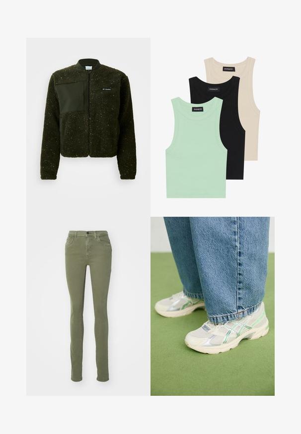 Chaqueta de forro polar verde con cierre de cremallera en la parte delantera, cuello acanalado y un acabado texturizado, con un parche de tela plana y un logo en el pecho.; Tres camisetas sin mangas en verde menta, negro y beige; hechas de tela acanalada con un escote redondo. Etiqueta de la marca visible.; Vaqueros de corte slim en color verde oliva, fabricados en una suave mezcla de algodón, que cuentan con dos bolsillos delanteros, cierre de botón y un acabado suave y texturizado.; Zapatillas de malla blancas y plateadas con detalles en verde, combinadas con unos vaqueros azules holgados, de pie sobre un suelo de moqueta verde.