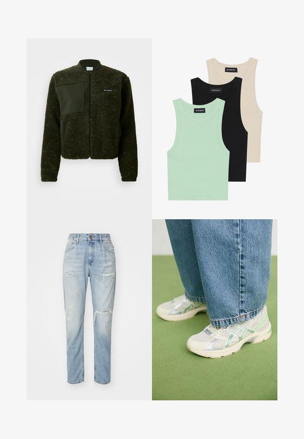 Roheline fleece-jakk, millel on lukuga esikülg, soonitud kaelus ning tekstuuriga viimistlus koos lapikui kangast plaastri ja logoga rindkerel.; Kolm t-särki mentool verdes, mustas ja beežis; ribakangast, ümmarguse kaelusega ja ilma varrukateta. Brändi silt on nähtav.; Heledad sinine, kulunud teksapüksid kõrge talje ja rebenemiste ning kulunud servadega. Sirge jalgade disain klassikalise viie taskuga stiilis.; Valged ja hõbedased võrksneakerid roheliste detailidega, seljas laiad sinised teksad, seistes rohelise vaibaga põrandal.
