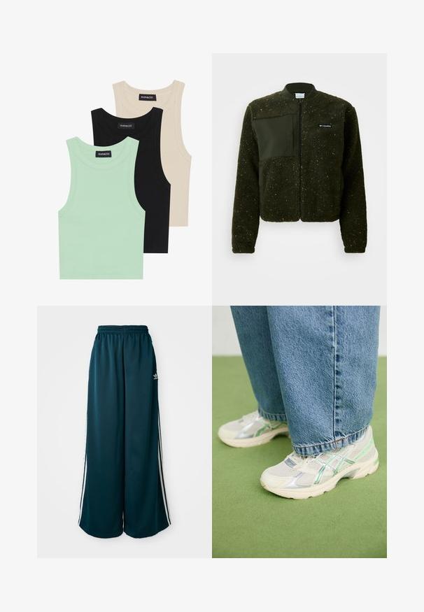 Grøn fleecejakke med lynlås foran, ribbet krave og en tekstureret overflade med et flad vævet patch og logo på brystet.; Tre tank toppe i mintgrøn, sort og beige; lavet af ribbet stof med rund hals og uden ærmer. Mærket er synligt.; Teal brede sweatpants med elastisk talje, der har tre hvide striber langs siderne og et Adidas-logo på venstre side.; Hvide og sølvfarvede mesh sneakers med grønne accenter, båret med løse blå jeans, stående på et grønt tæppe.