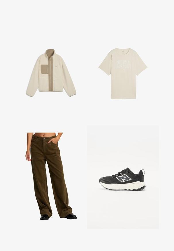 Beige fleecejakke med høj krave, lynlås, brystlomme og to nederste lommer. Har en blød tekstur og Puma-logo.; Beige bomulds t-shirt med en afslappet pasform, der har et hvidt grafisk design med teksten "PUMA sports club" og et lille logo ovenfor.; Person iført løse, brune fløjlsbukser med hænderne i lommerne og sorte sko, vist fra midt overkrop til fødderne på en hvid baggrund.; Sort sportsko med et tekstureret stofoverdel, en kontrasterende hvid mellemsål og et fremtrædende gråt logo på siden. Gummisål med godt greb.