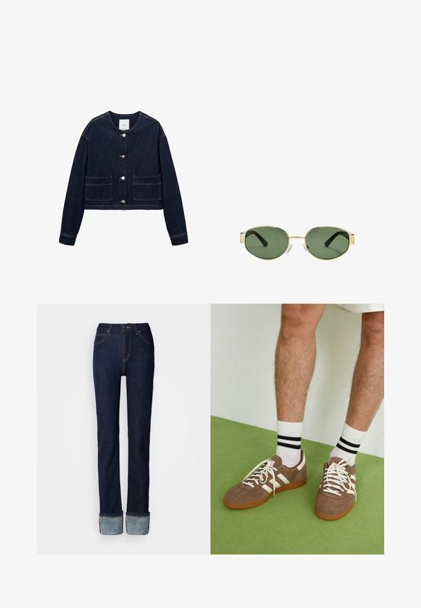 Giacca in denim blu scuro con scollatura rotonda, bottoni frontali, due tasche a toppa e design corto. Nessun motivo o decorazione visibile.; T-shirt in cotone blu navy con maniche corte e collo rotondo. Presenta un piccolo logo ricamato rosso sul lato sinistro del petto.; Jeans in denim blu scuro con design a gamba dritta, risvoltati all'orlo e cuciture a contrasto. Vita media con chiusura classica a bottone.; Sneaker in suede marrone con dettagli e lacci bianchi. Suola in gomma color gomma. Indossati con calzini bianchi con righe nere. Pavimento verde texturizzato.; Occhiali da sole con montatura dorata e lenti verdi, forma ovale, stanghette nere e naselli trasparenti. Design pulito e minimalista.; Borsa hobo in pelle marrone con una forma arrotondata, dotata di dettagli in hardware dorato e cuciture a contrasto. Abbinata a una camicia di jeans e a un paio di jeans.