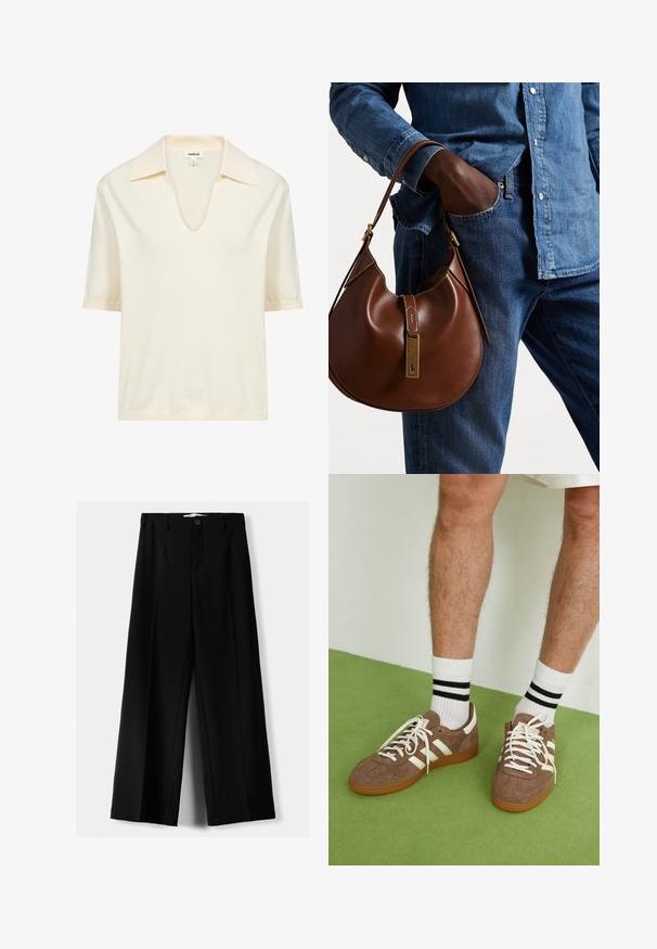 Veste en denim bleu foncé avec un col rond, des boutons sur le devant, deux poches plaquées et un design court. Aucune motif ou ornement visible.; Polo à manches courtes de couleur crème, fabriqué en matériau doux, avec un décolleté en V et une texture côtelée subtile au col et à l'ourlet.; Pantalons larges noirs en tissu léger, avec une fermeture à bouton à l'avant et un devant plat, dotés d'ourlets soigneusement cousus.; Baskets en daim marron avec des accents et des lacets blancs. Semelle en caoutchouc gomme. Portées avec des chaussettes blanches à rayures noires. Sol texturé vert.; Sac en cuir marron de style hobo avec une forme arrondie, mettant en avant un accent en métal doré et des coutures contrastantes. Assorti à une chemise en denim et un jean.
