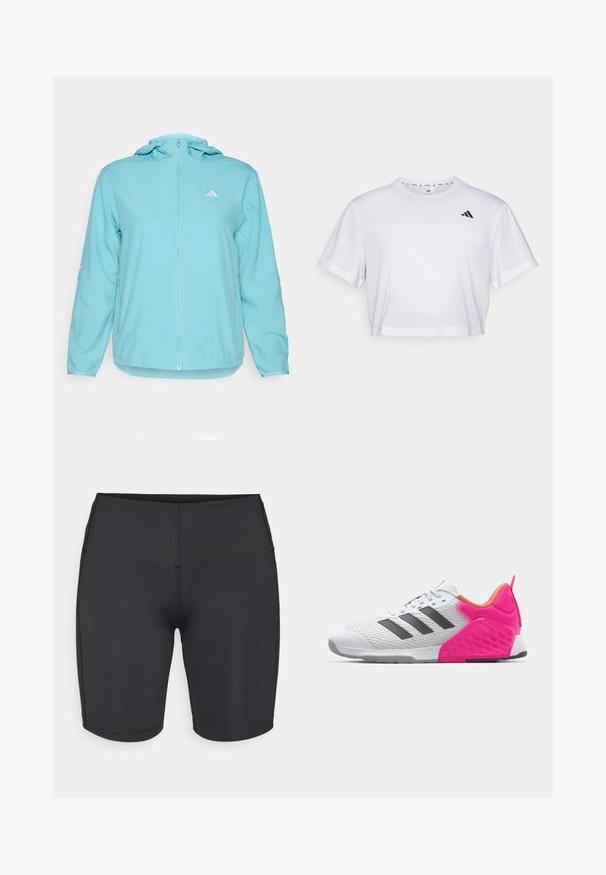 Jasnoniebieska kurtka z kapturem z pełnym zapięciem na zamek z przodu, z małym białym logo po lewej stronie klatki piersiowej oraz kieszeniami bocznymi na zamek.; Biała krótka koszulka z miękkiego materiału, z krótkimi rękawami i okrągłym dekoltem. Czarny logo na lewej piersi.; Even&Odd active - Rajstopy; Białe buty sportowe z szarymi paskami, siateczkową cholewką oraz różowym piętą i akcentami. Posiadają teksturowaną piętę i gumową podeszwę. Sznurowadła i wyściełany kołnierz.