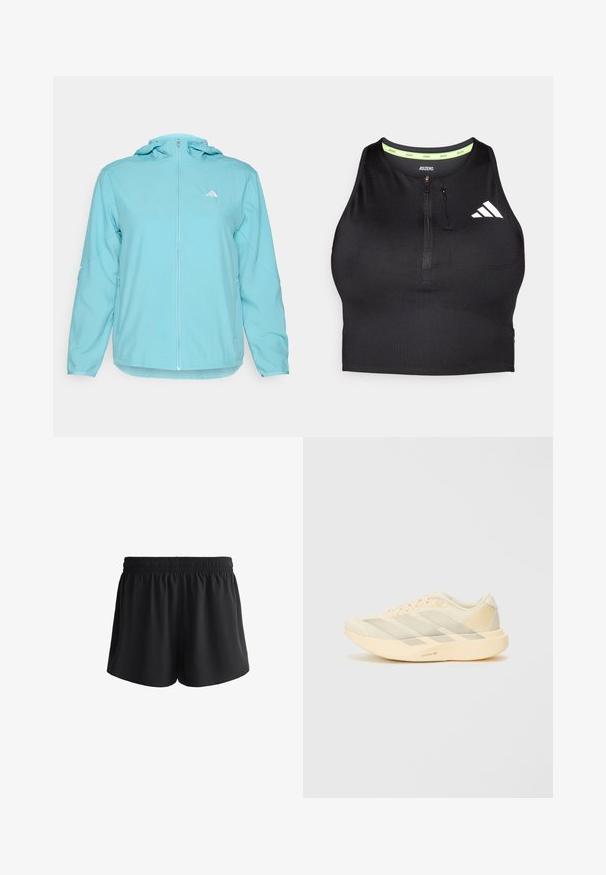 Világoskék kapucnis dzseki teljes elülső cipzárral, bal mellen egy kis fehér logóval és cipzáros oldalsó zsebekkel.; Fekete sport crop top, elöl cipzárral, sima anyagból készült. Zöld belső nyakkivágással és fehér logóval rendelkezik az oldalon.; Fekete sportos rövidnadrág rugalmas derékkal, puha anyagból, laza szabással, oldalsó zsebekkel és sima szélekkel.; Könnyű atlétikai cipő világossárga és krémszínben, texturált hálós felsőrésszel, három ferde csíkkal, és vastag talppal, amelyen a "LIGHTSTRIKE PRO" részlet látható.